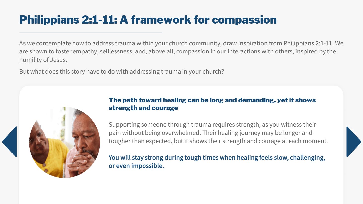 Screen titled Philippians 2:1-11: A framework for compassion, with a carousel of reflections
