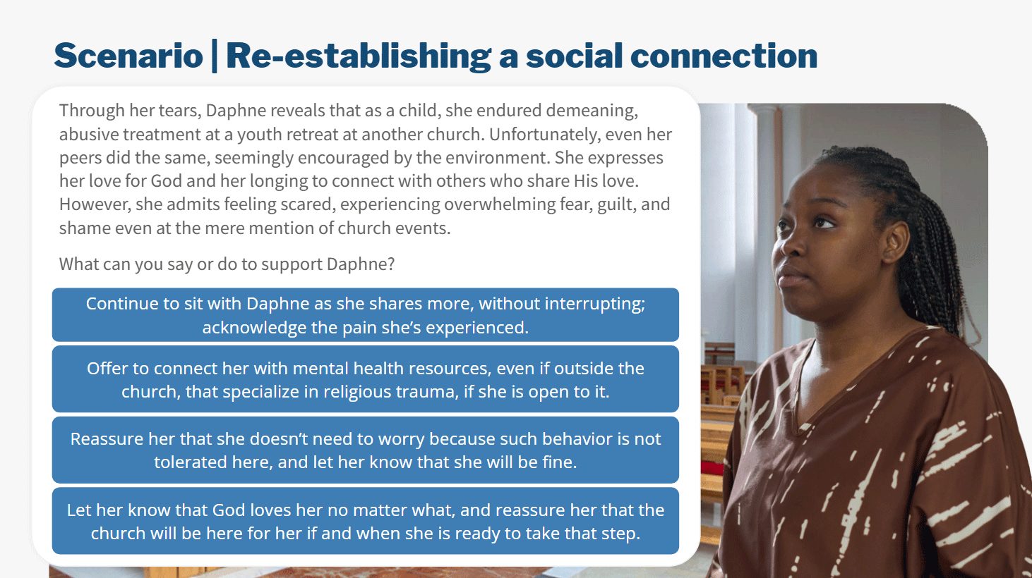 Scenario on re-establishing a social connection, with four response choices