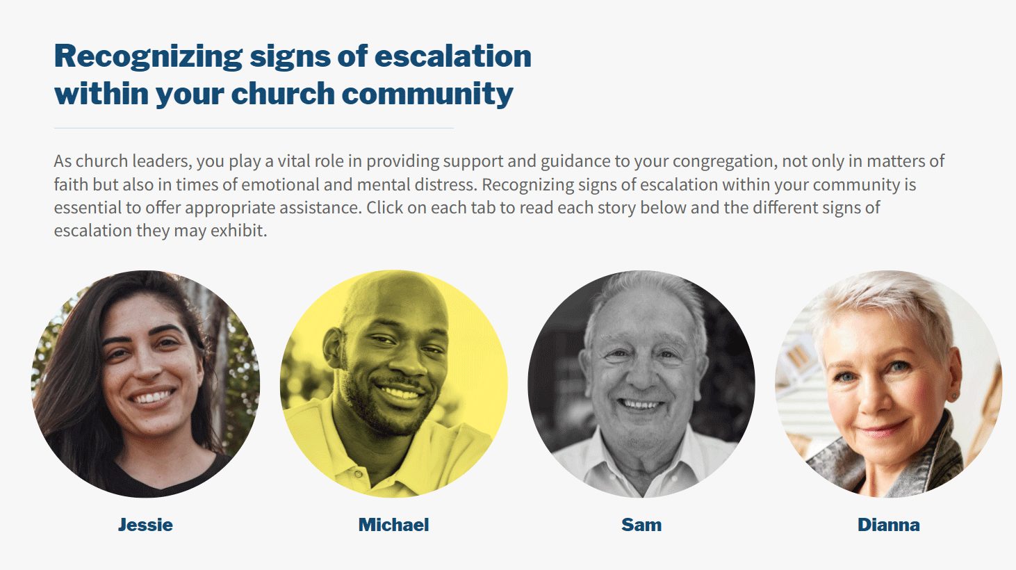 Four selectable portraits, each opening a story about signs of escalation
