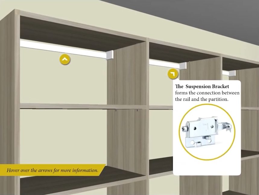 3D closet system with arrow hotspots, one open on a description of the suspension bracket