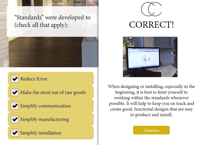 Quiz question on why standards were developed, with every answer checked and Correct feedback