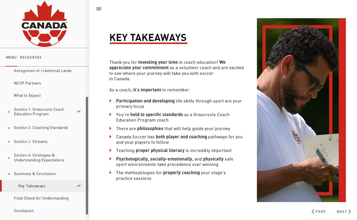 Key takeaways screen listing what coaches should remember, beside a photo of a coach