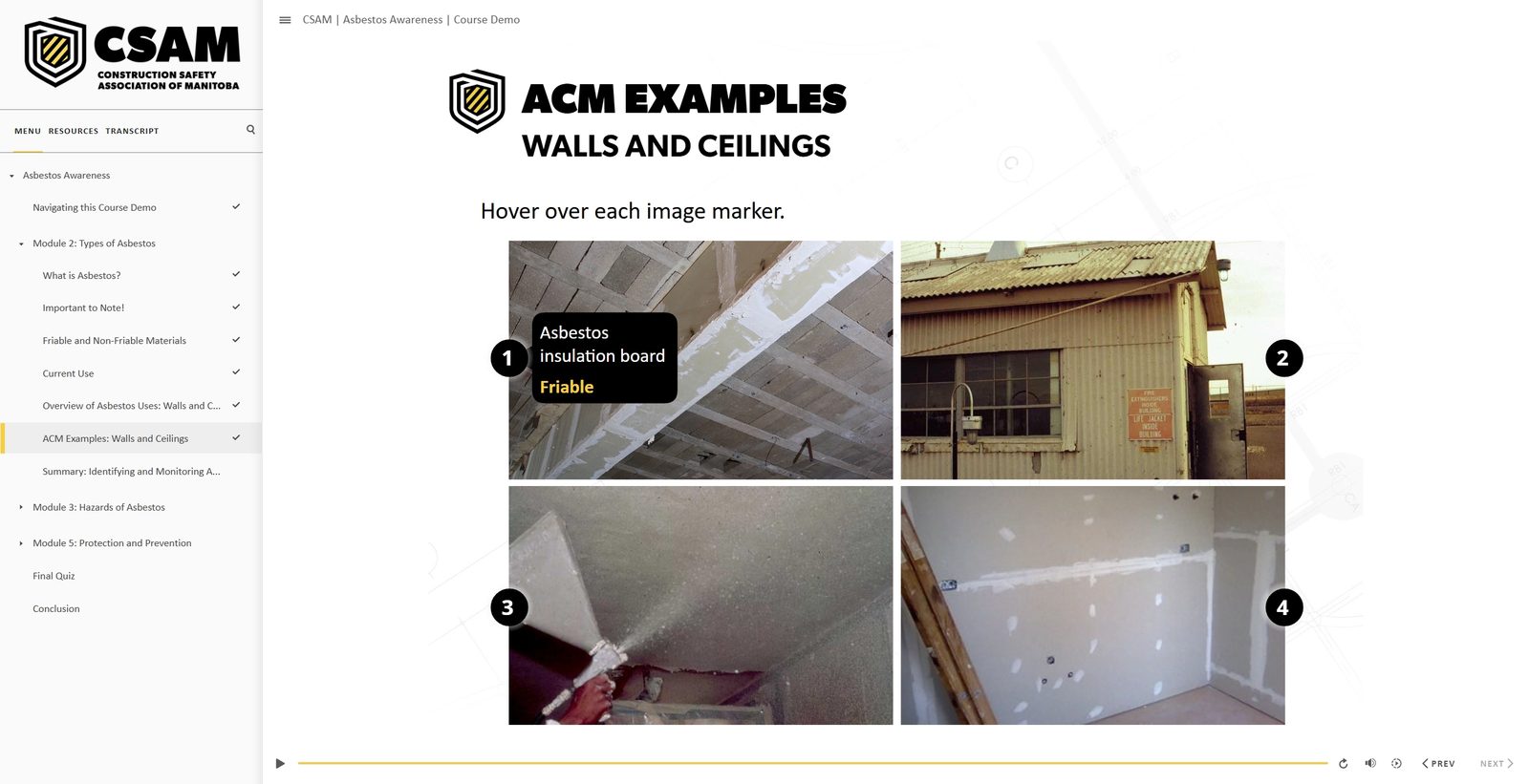 Four photos of walls and ceilings with numbered markers that reveal examples of asbestos-containing material