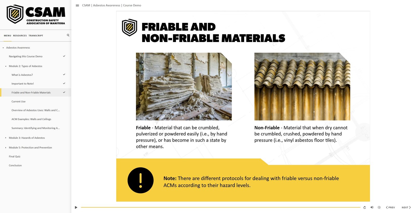 Screen comparing friable and non-friable materials, with a photo of each