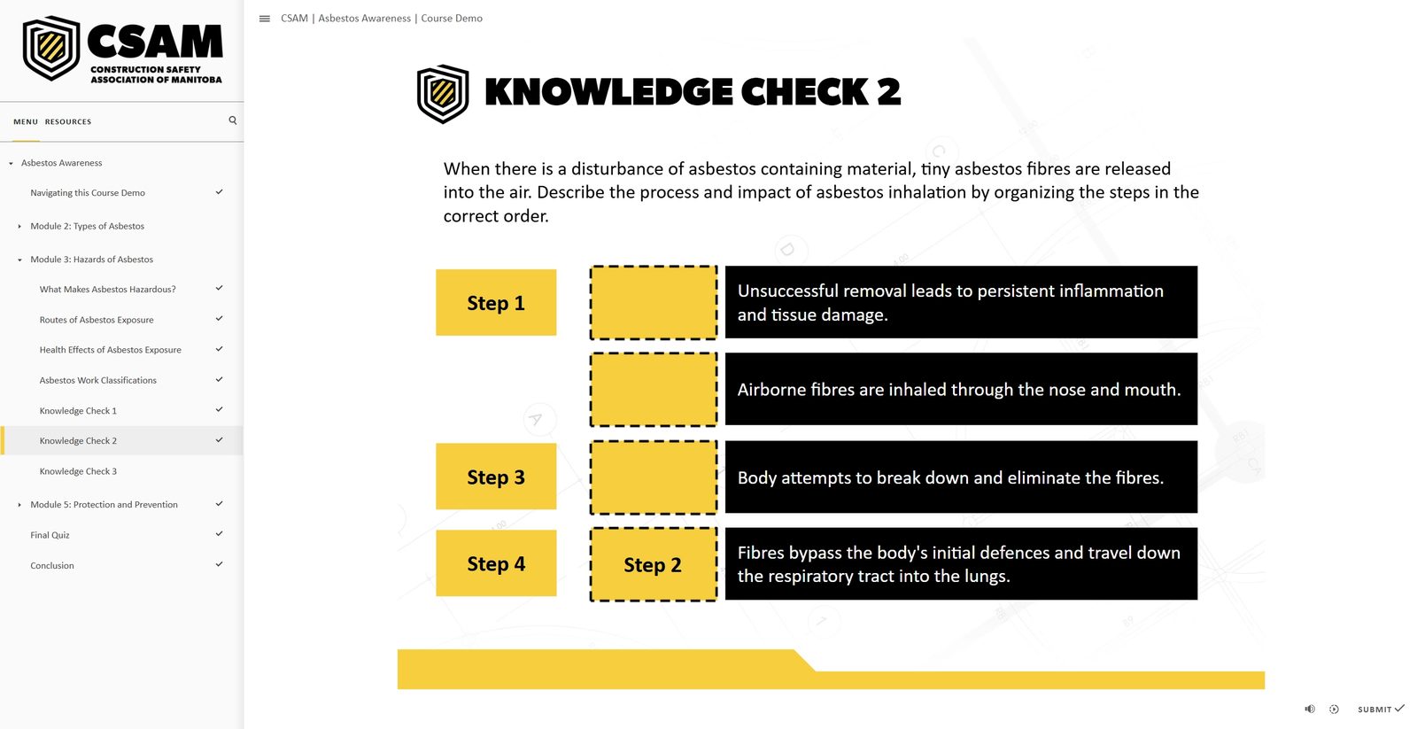 Knowledge check asking learners to put the steps of asbestos inhalation in order