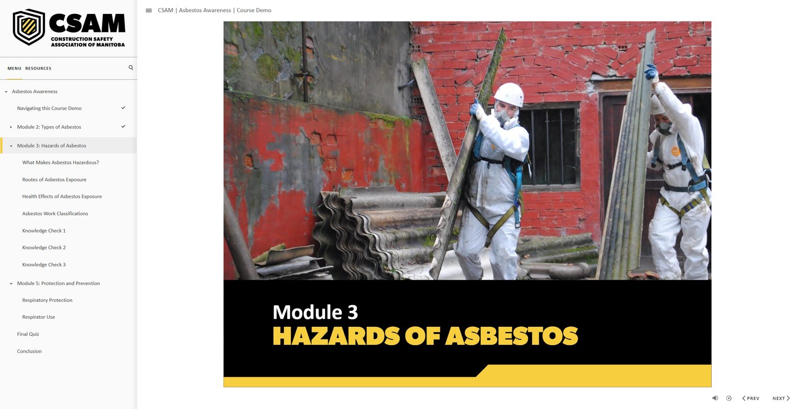 Module 3 title screen, Hazards of Asbestos, with workers in protective suits removing roofing