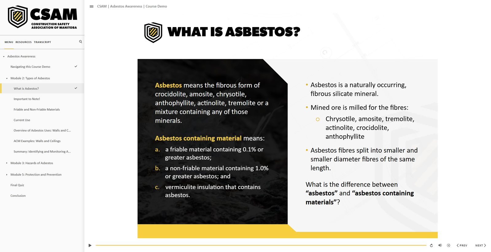 Content screen defining asbestos and asbestos-containing material