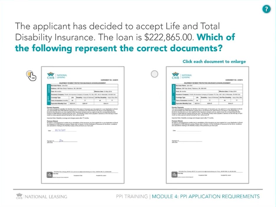 Question asking which of two sample documents is correct for a given loan