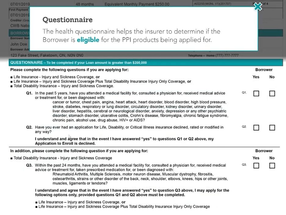 Sample application form with a pop-up explaining the health questionnaire