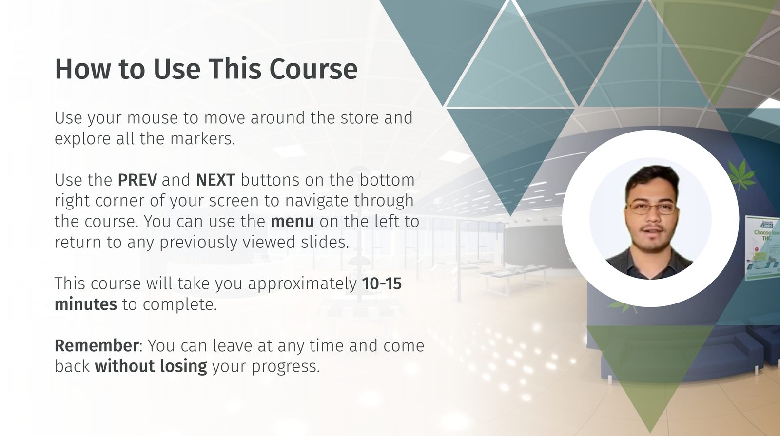 How to Use This Course screen with an avatar guide