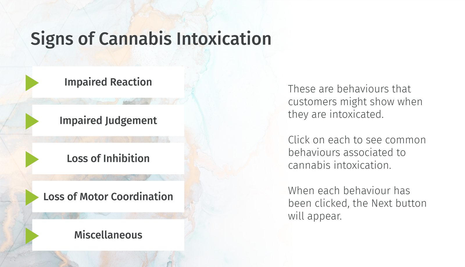 Click-to-reveal list of signs of cannabis intoxication