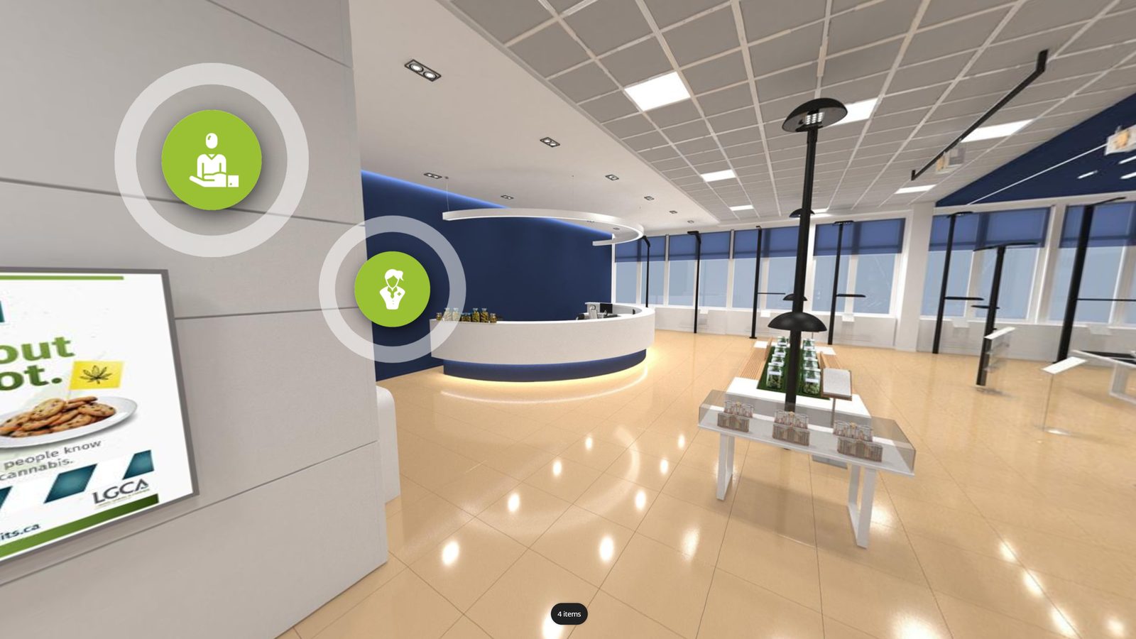 360-degree image of a cannabis store with topic markers
