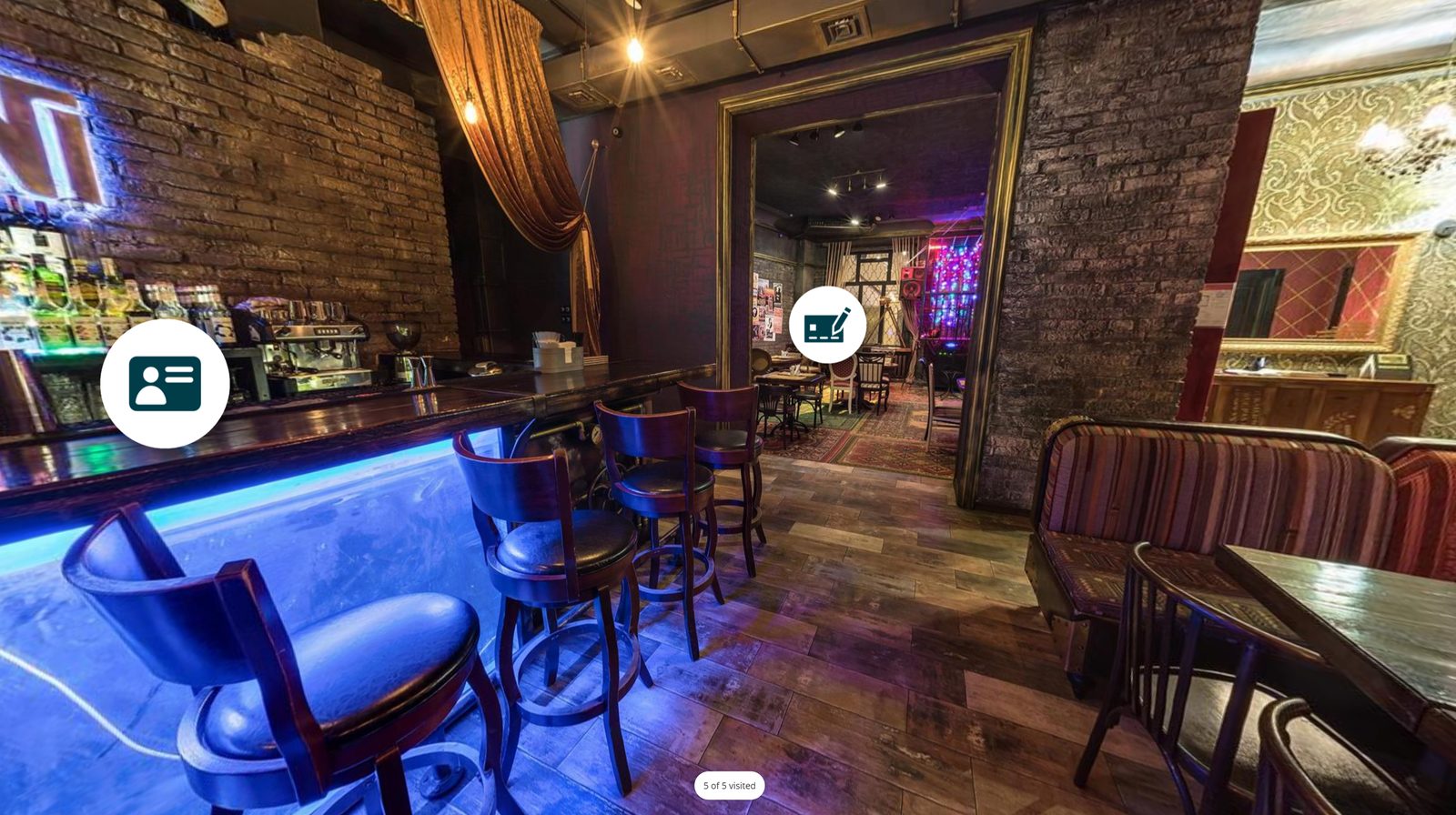 360-degree image of a bar with markers that open course topics