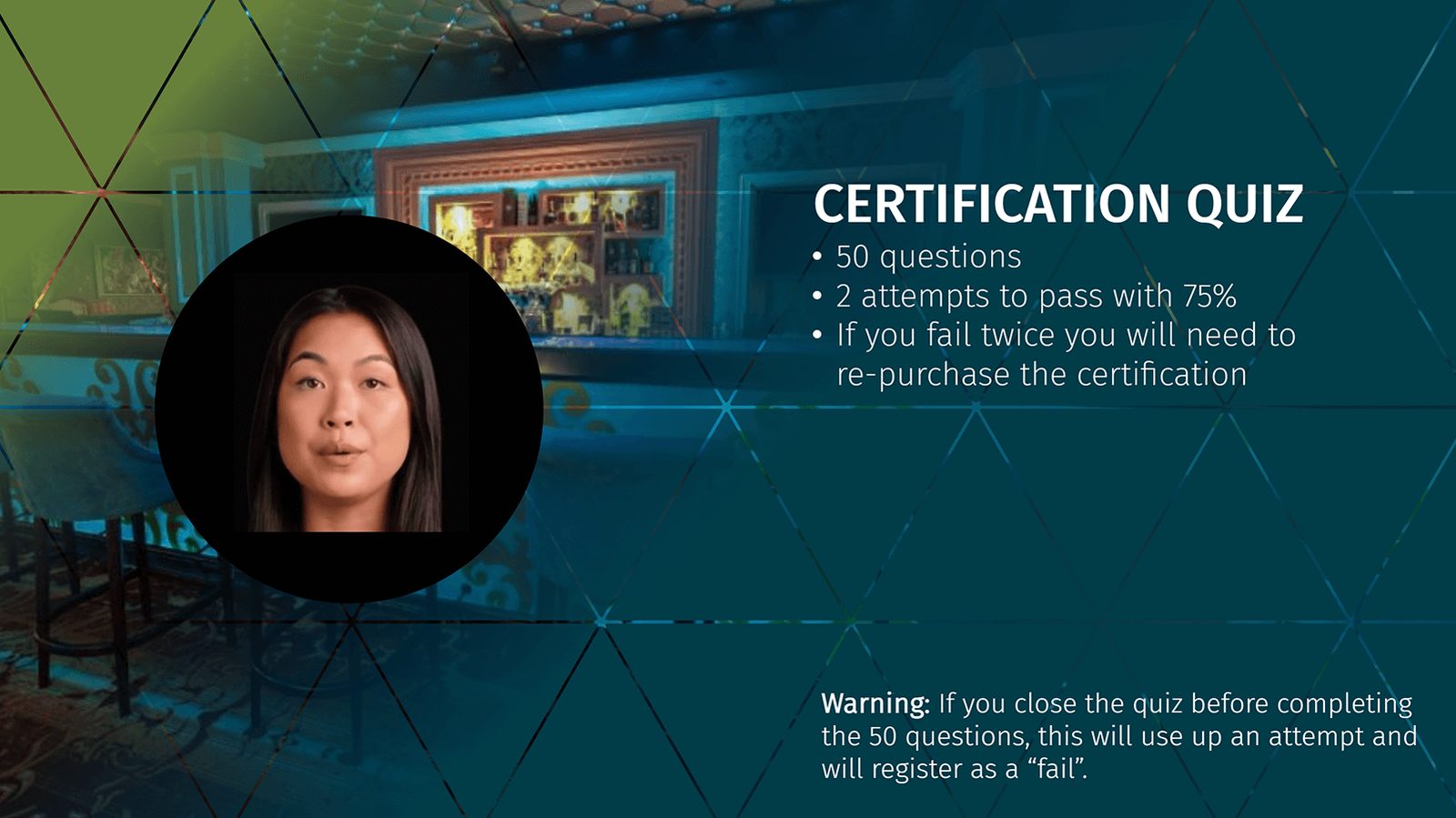 Certification quiz start screen with an avatar guide and the quiz rules: 50 questions and two attempts to pass with 75%