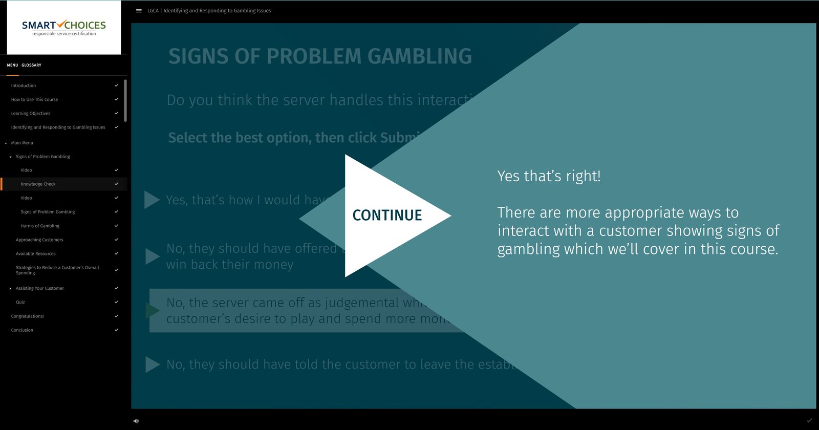 Knowledge check feedback on a question about signs of problem gambling
