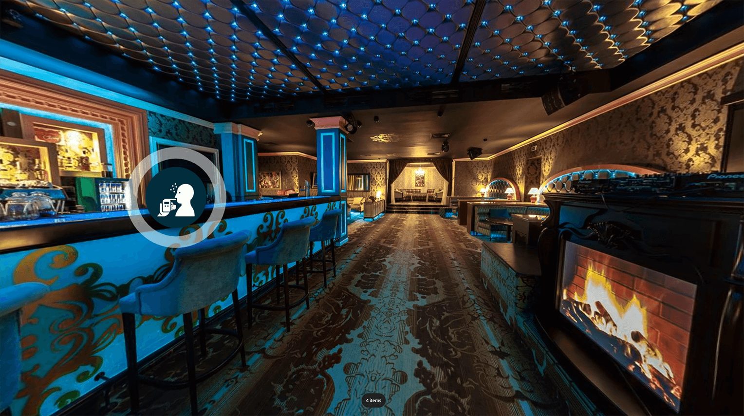 360-degree image of a lounge with a marker to explore