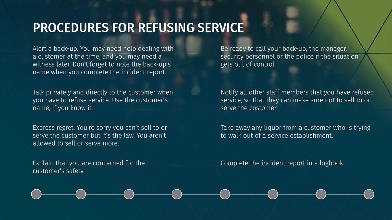 Timeline screen listing the procedures for refusing service