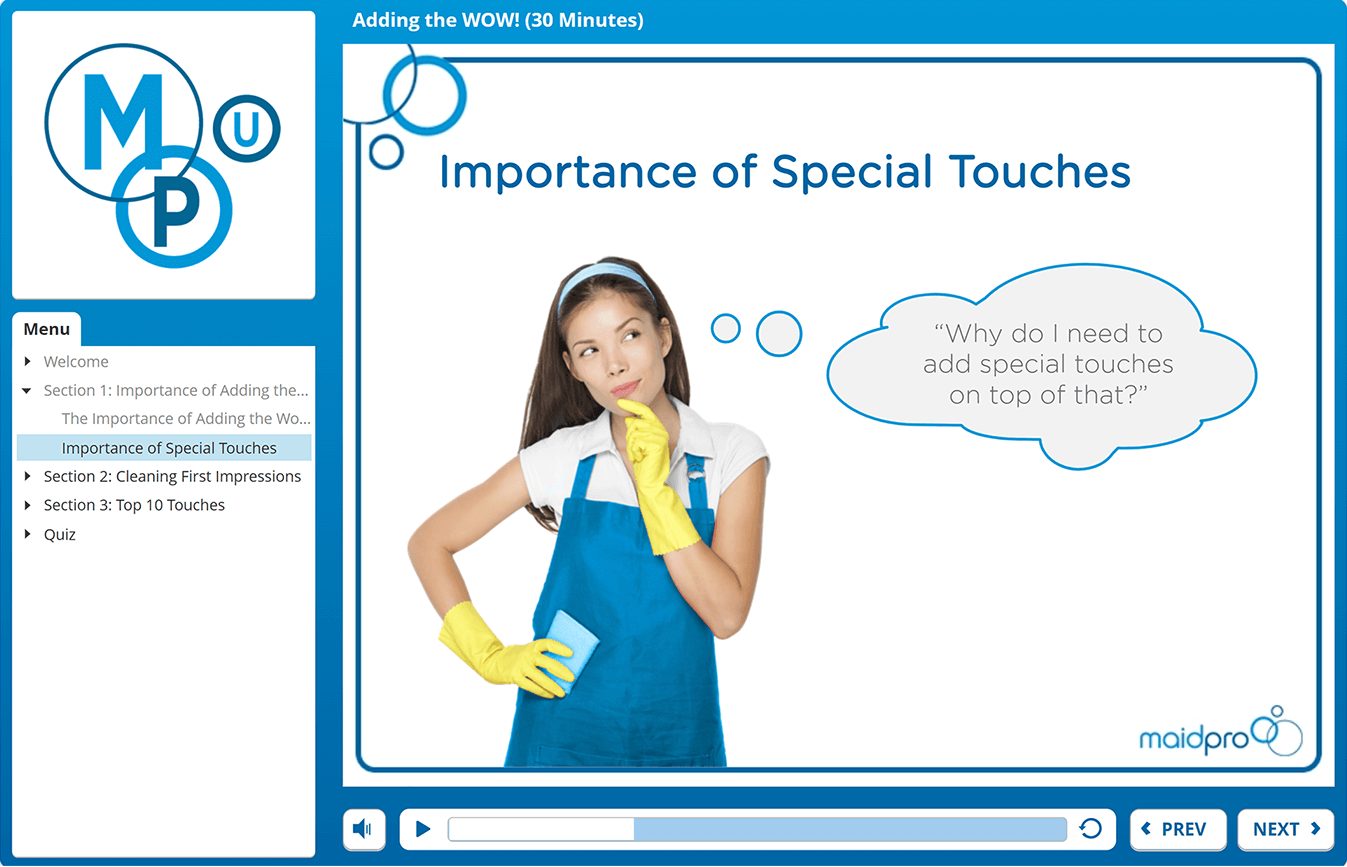 Screen on the importance of special touches, with a cleaner and a thought bubble