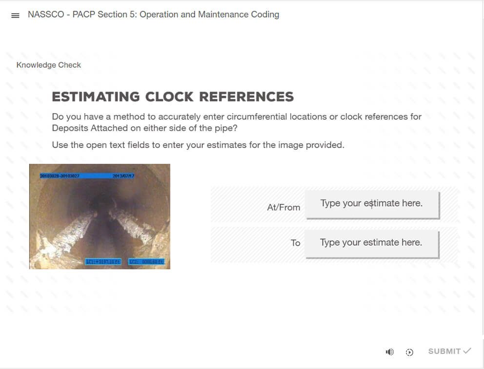 Knowledge check on estimating clock references, with a pipe image and two text fields