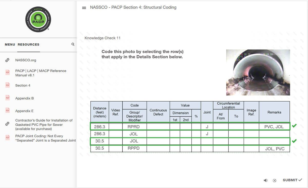 Knowledge check asking the learner to code a pipe photo by selecting rows in a details table, with two rows marked correct