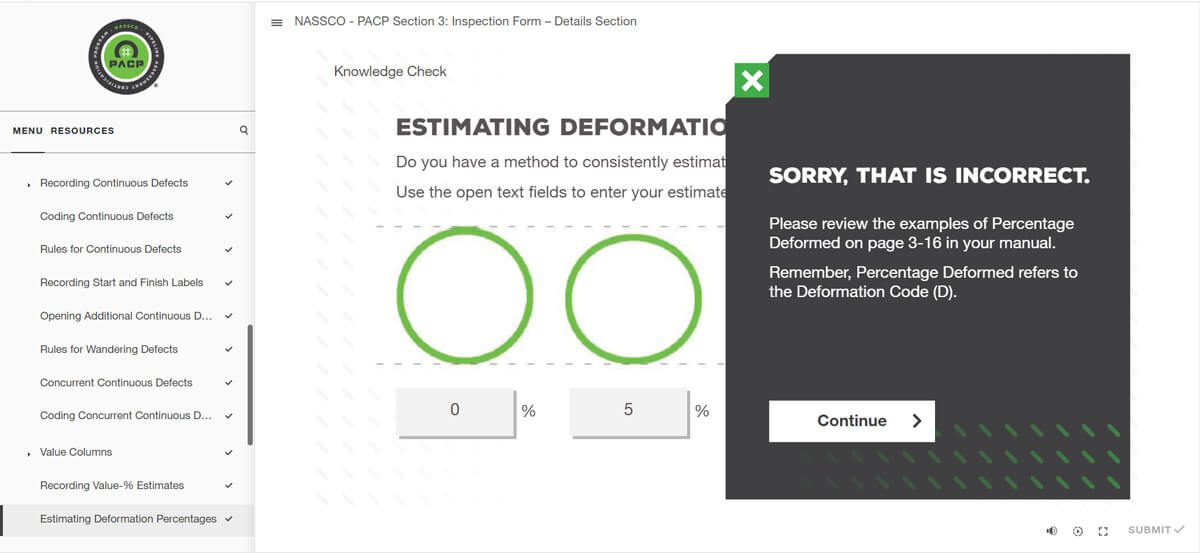 Feedback panel saying the answer is incorrect and pointing the learner to page 3-16 of the manual