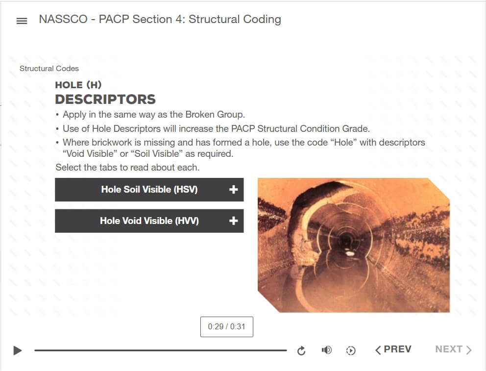 Lesson on hole descriptors with two tabs and a photo of a pipe with a hole