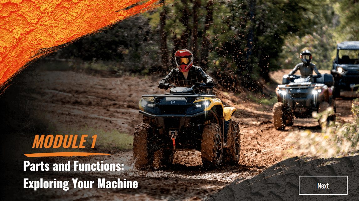 Module 1 title screen, Parts and Functions, over an image of two riders on a muddy trail