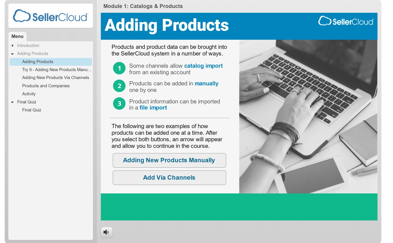 Adding Products screen with two buttons that open examples