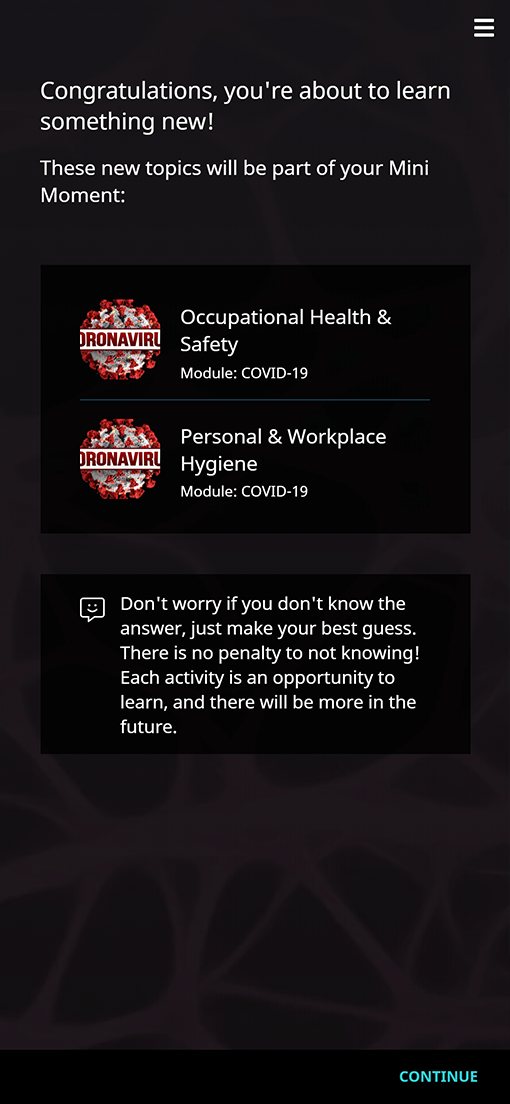 OttoLearn on a phone, welcoming the learner to the COVID-19 module with the topics Occupational Health and Safety and Personal and Workplace Hygiene