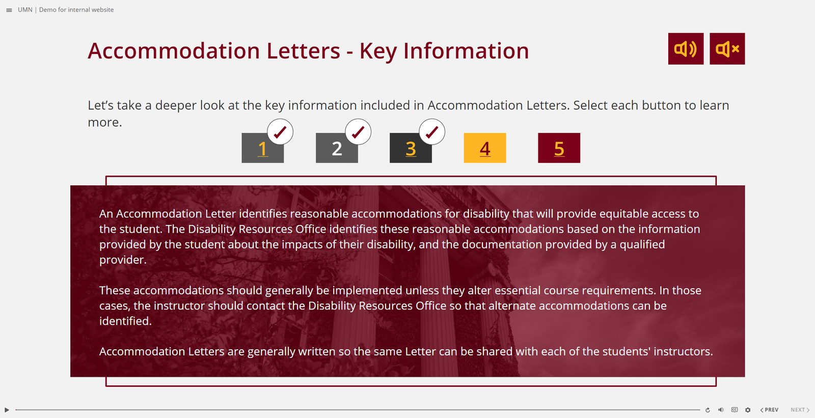 Numbered buttons that reveal key information about accommodation letters