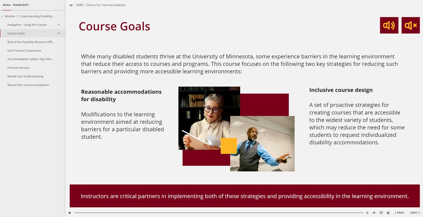 Course goals screen describing reasonable accommodations and inclusive course design, with narration controls