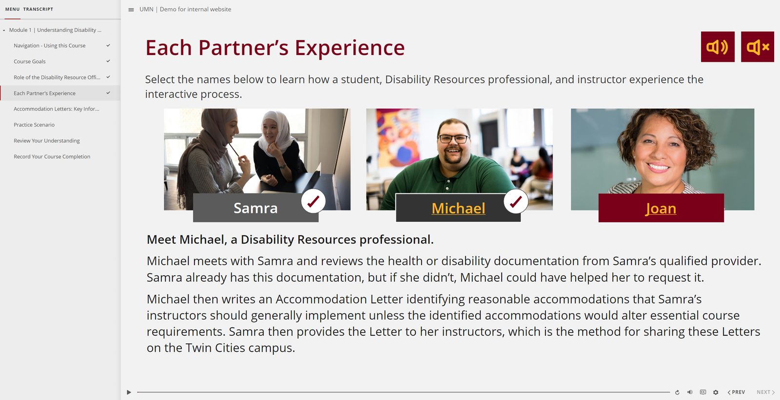 Screen with three selectable people, a student, a Disability Resources professional and an instructor, each describing their part in the process