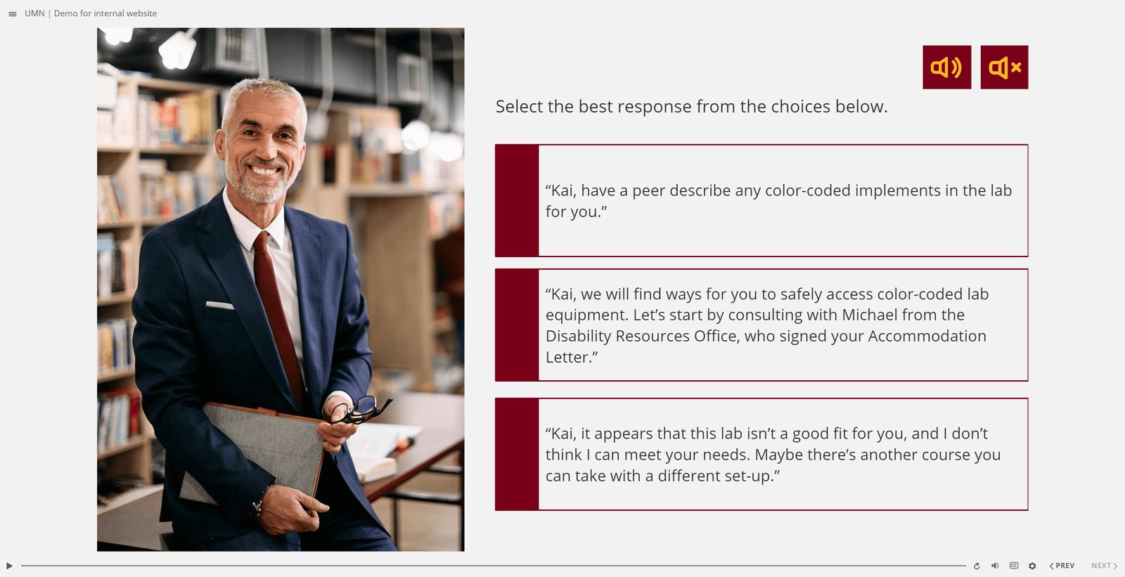Scenario question with three possible responses to a student who needs access to color-coded lab equipment