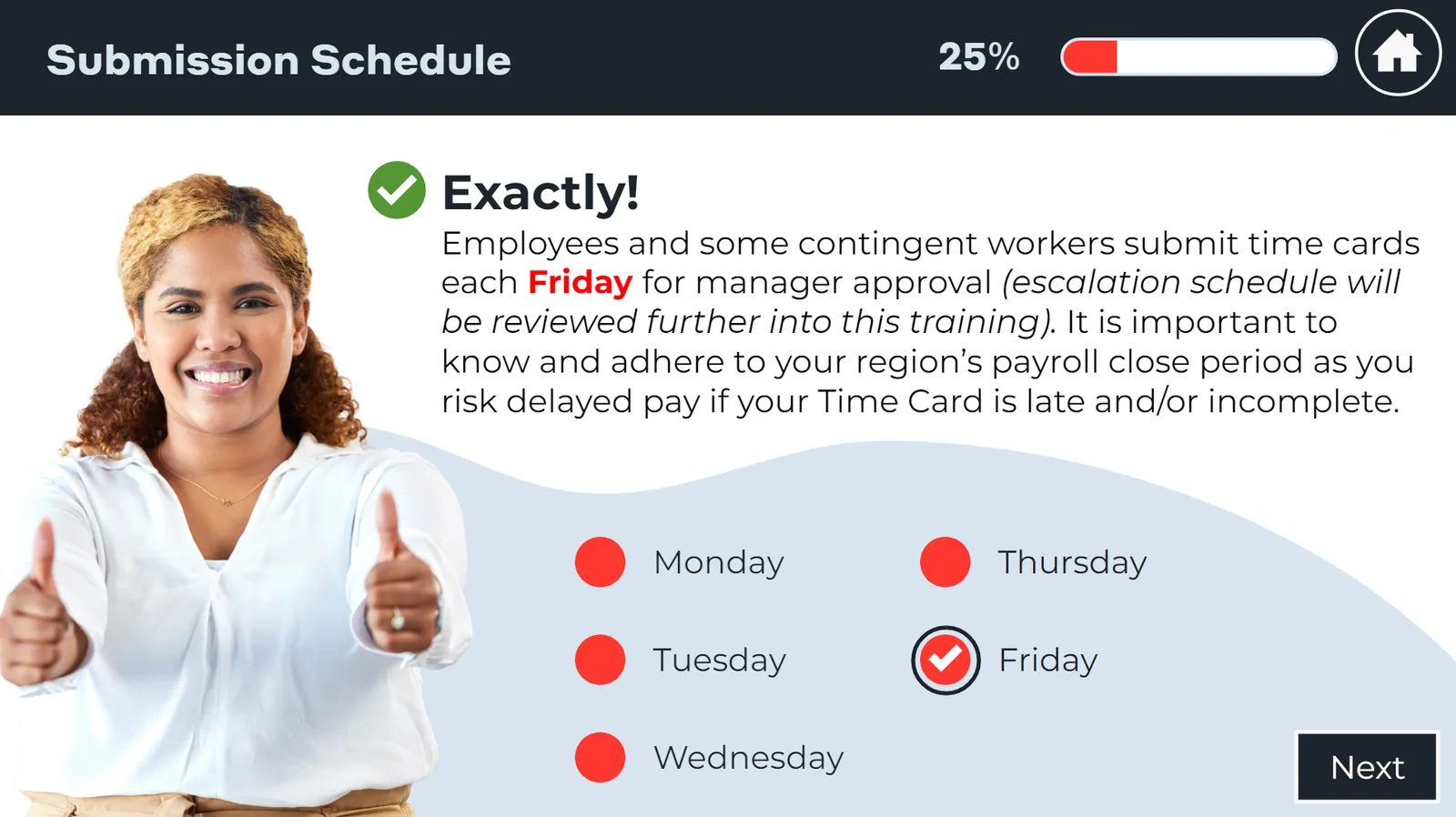 Knowledge check on when time cards are due, with Friday selected and marked correct