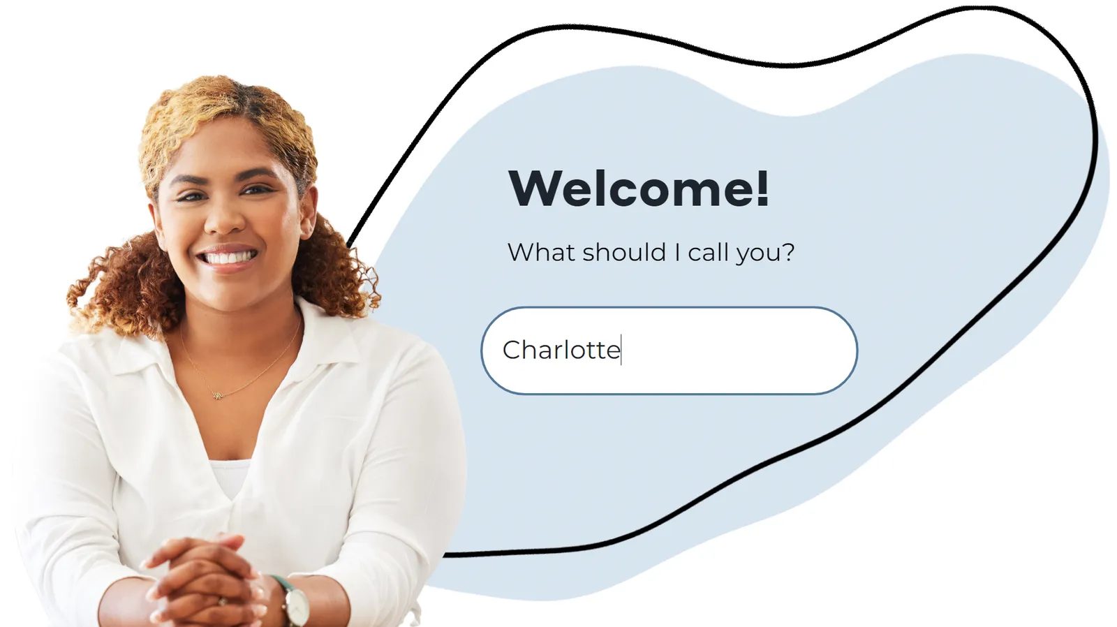 Welcome screen asking what the learner would like to be called, with a name entered