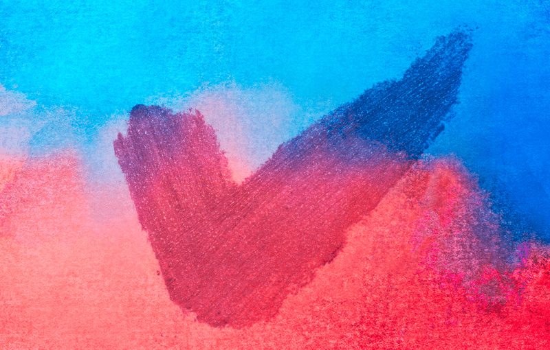 Blue and red water color paint blended together with a painted checkmark over top