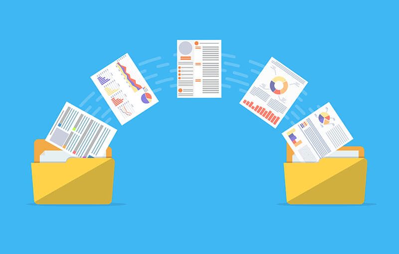 Two folders with files flying between them in an arc.