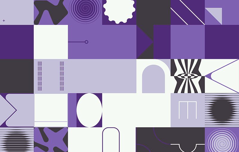 Five rows of squares. Each square is either dark purple, light purple, black, or white, in no particular order or sequence. Several of the squares have an abstract pattern or shape.