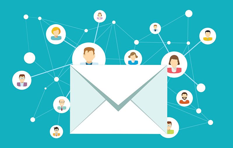 Large white envelope in the middle with lines and dots and circles with illustrated representations of people connecting to the envelope.