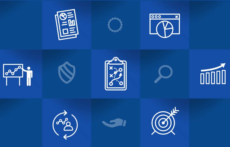 Icons against a blue-checkered background. The icons show representations of data (charts, graphs); an arrow in a target; a strategic plan.