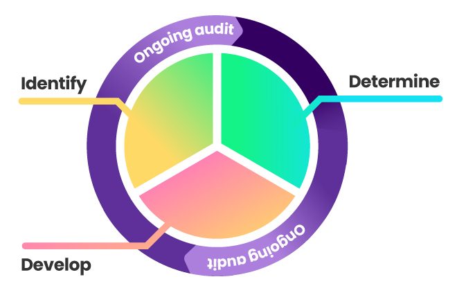 Pie chart split into three equal sections: Identify, determine, and develop. Circling the chart are two arrows in one continuous loop that read "ongoing audit".