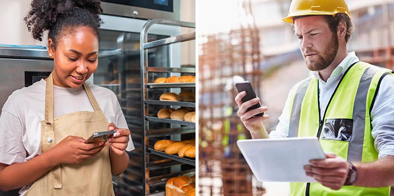 Left side: A smiling female baker in an brown apron, standing in front of a tray of bread, looking at the smartphone she's holding. Right side: A man in a yellow safety vest and hard hat, looking intently at his phone with colleagues working in the background.