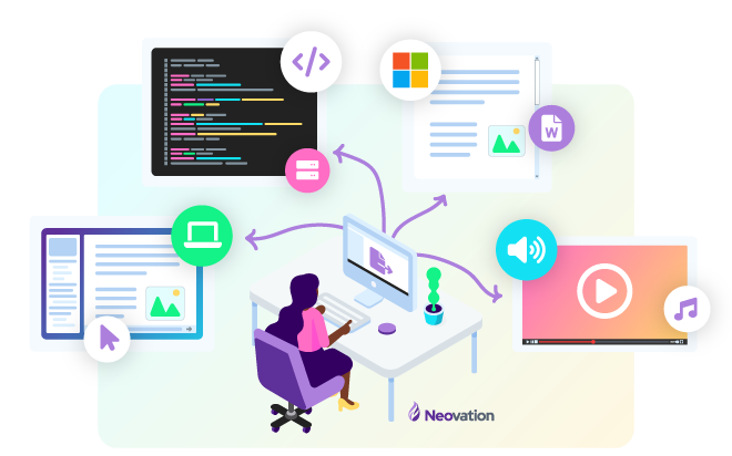 An vector image of a woman sitting at a desk. On the desk is a monitor with an export symbol (a file with a right-pointing arrow). Aroung the woman and the desk are four examples of ways to export a from an eLearning authoring tool. From left-to-right: A fabricated UI of a SCORM course for LMS/LRS distribution, a piece of fake code for publishing to web, a document with fake text and a scroll bar for publishing to Microsoft Word, and a video with a play button for publishing your course as a video.