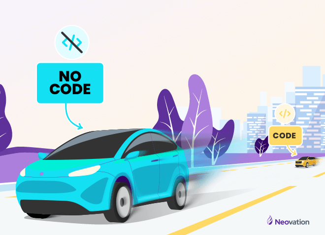 A road with two cars driving toward the viewer. There is a blue car in the front with a blur indicating it's going very fast. A label that says "No Code" its pointing at the blue car. In the distance, is the second car. It's yellow and has a label pointing to it that says "Code."
