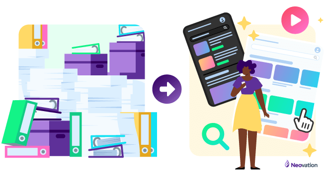 On the left is an illustration of many stacks of paper, binders, and boxes. Next to it, on the right-side, is an arrow pointing (to the right) to a separate illustration of a character standing and holding a smartphone. Behind her is a simplified version of a tablet and smartphone with a mockup performance support home screen with multiple tiles that represent content.