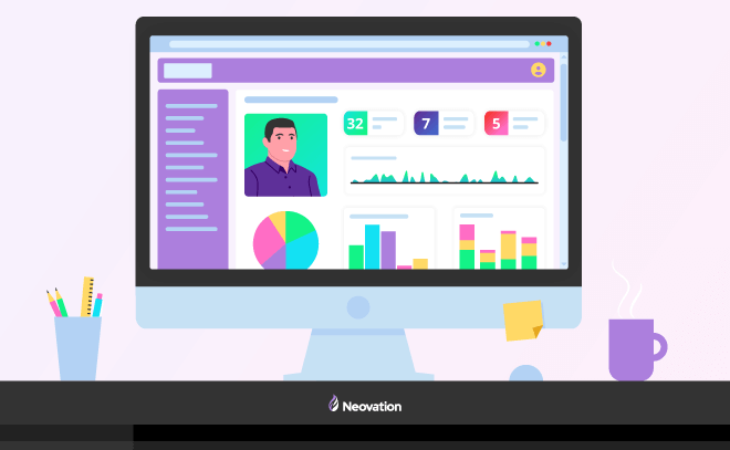 A monitor on a desk with a cup of pencils on one side, and a mug on the other. On the monitor, is a fabricated UI of a learning management system (LMS). The UI of the LMS shows a user dashboard with a photo of the user and a few stats beside, with various charts and graphs below.