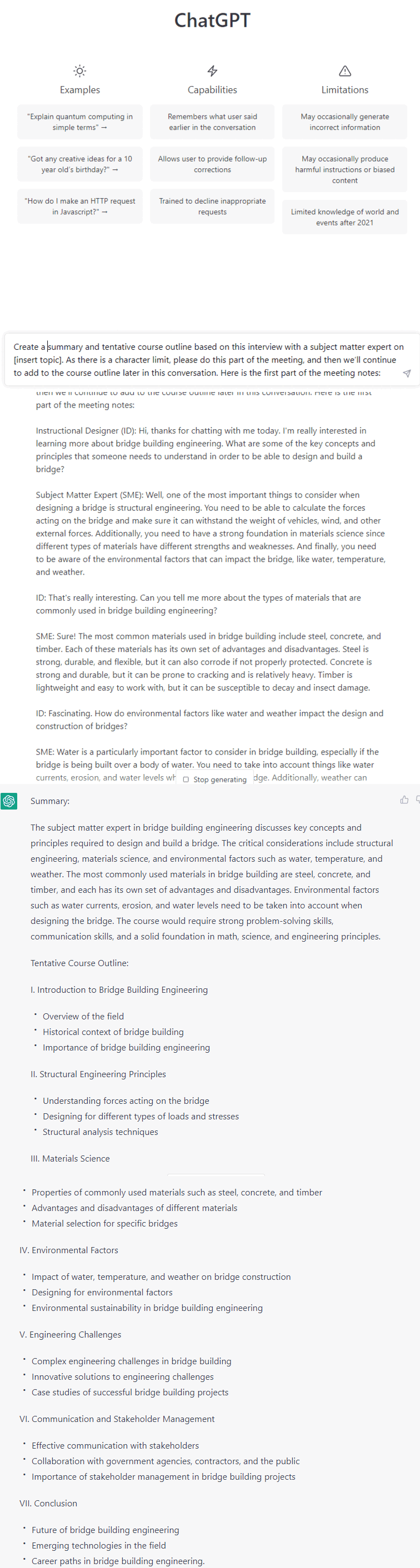 Gif of a ChatGPT generated summary of a conversation between a fictional interview between an instructional designer and a subject matter expert on bridge-building engineering.