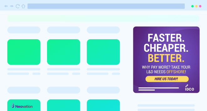 A mock-ad for a fake offshore instructional design agency. It reads, "Faster. Cheaper. Better. Why pay more? Take your L&D needs offshore! Hire us today!" It is placed in a fabricated UI of a webpage, placed into the right sidebar, as an acutal might be placed.
