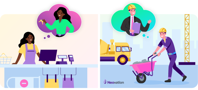 A "split-screen" of two workers. On the left, a retail cashier in an apron stands behind a counter, imagining themself as a manager, who is holding two gold keys. On the right, a construction worker in coveralls pushes a wheelbarrow across a construction site, while imagining themself as a manager-type, wearing a suit and holding a clipboard.