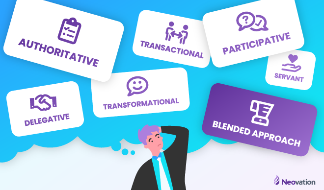 A character stands in the middle of the image, looking confused and scratching the back of their head. A thought bubble covers the top half of the image, with the list of leadership styles scattered within it, with icons: Authoritative (clipboard), transformational (speech bubble with a smiley face), participative (speech bubbles with a question mark and check mark), delegative (handshake), transactional (two people with an arrow between), servant (hand holding a heart), and blended approach (blender).